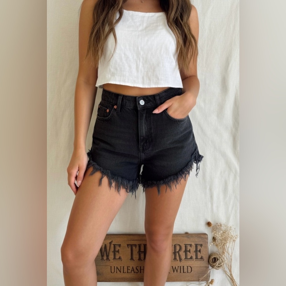 Free People We The Free Charcoal Black High-Rise Distressed Jean Shorts